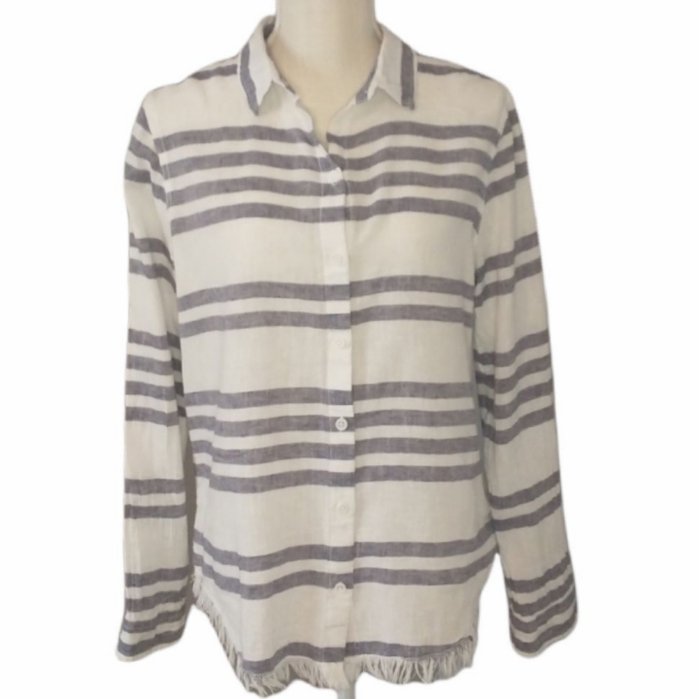 Beachlunchlounge Fringe Hem Linen Blend Button Down Shirt